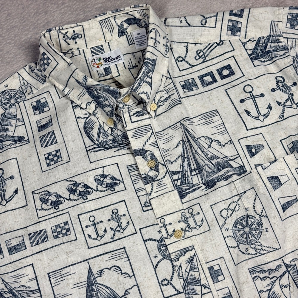 Reyn Spooner Shirt Mens XXL Cream Nautical Sailboat Anchor Aloha Button Down